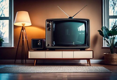 une vieille télé cathodique sur un meuble vintage