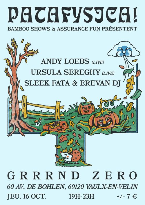 affiche Patafysica! Bamboo Shows & Assurance Fun présentent : Andy Loebs (Livre) Ursula Sereghy (Live) Sleek Fata & Erevan DJ
un dessin de champ en friche avec des citrouilles d'halloween et un nuage qui souffle fort du vent sur les feuilles d'automne. Un petit hérisson heureux sous les feuilles et les champignons