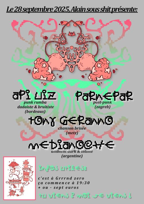affiche du concert fond gris, visuel pixel avec des champignons formés de chair et de nerf reliés entre eux, le tout symétrique en miroir