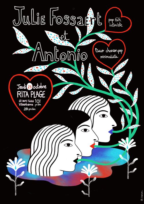 affiche dessinée, on voit trois têtes de femmes qui sortent d'un lac aux tons bleus et rouges, et des plantes vertes avec des feuilles tachetées bleu et rouge qui leur sortent de la bouche. les infos du concert (Julie Fossaert pop-folk intimiste et Antonio Duo chanson pop minimaliste jeudi 23 octobre au Rita Plage 20h PL) sont dans des coeurs qui sont les fleurs des plantes