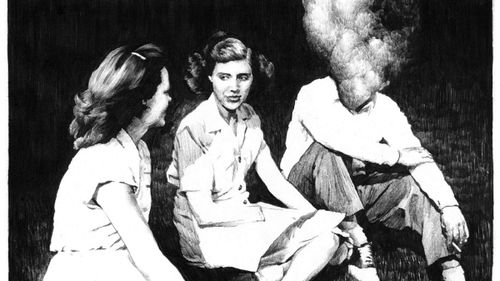 Dessin en noir et blanc avec deux femmes et un homme dont le visage est masqué par la fumée de cigarette, ambiance fifties